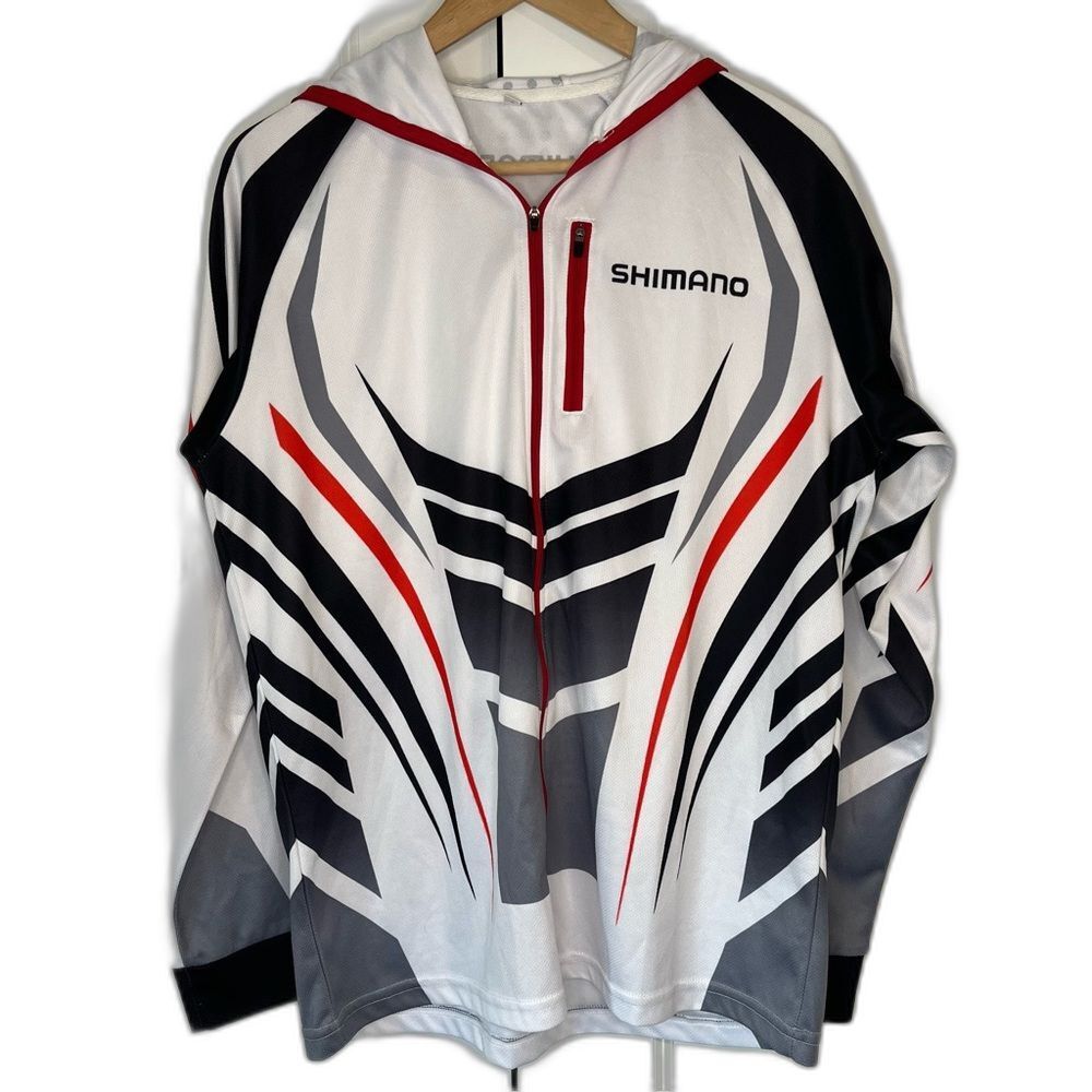 Shimano Cycling Riding Shirt Men's Large White Black Full Zip Hooded Performance